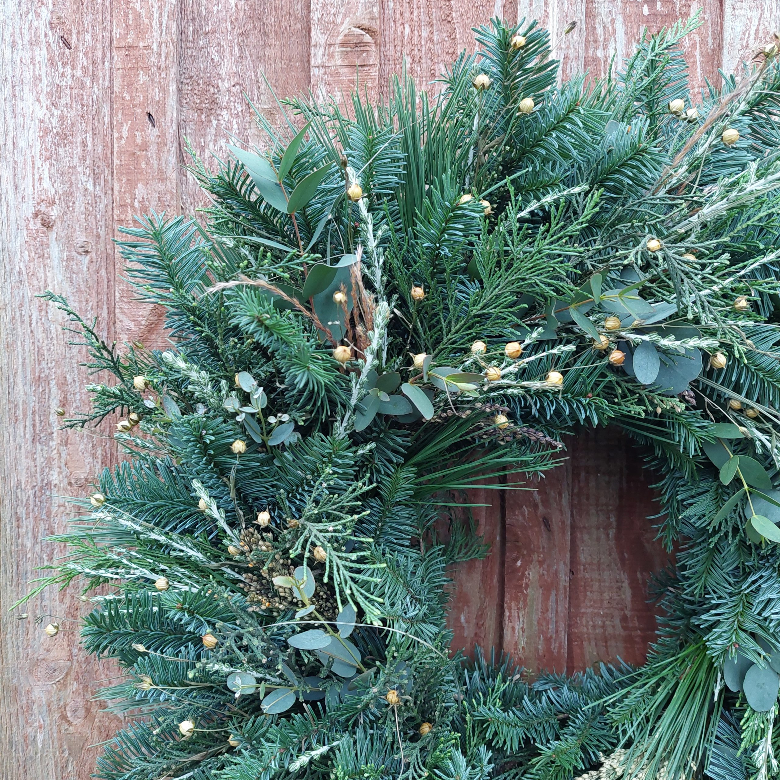 Christmas wreath green close up shed door