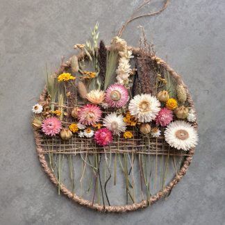 Jute Meadow Hoop with dried flowers in pink, yeollow and white shades