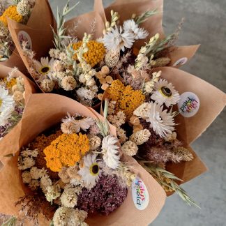Dried flower posy mustard, plum and neutrals